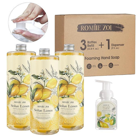 ROMIIE ZOI Hand Soap Refills Foaming 3pack (33.8 Fl Oz) + Reuseable Foam Soap Dispenser, Natural and Moisturizing Foaming Refills Kit, Lemon Hand Soap Refills - ModernBath
