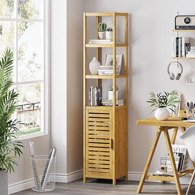 VIAGDO Storage Tall Slim Cabinet with Shutter Door and 3 Tier Shelves, Freestanding Linen Tower Cabinet for Living Room, Kitchen, Bathroom Organizer, Natural Bamboo - ModernBath
