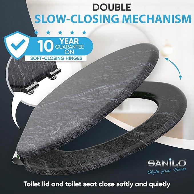 SANILO Wooden Toilet Seat with Soft Close [ELONGATED] - Decorative, Quiet & Slow Close Molded Wood Seat - With Strong Bumpers & Hinges - Adjustable Fit - Granite - ModernBath
