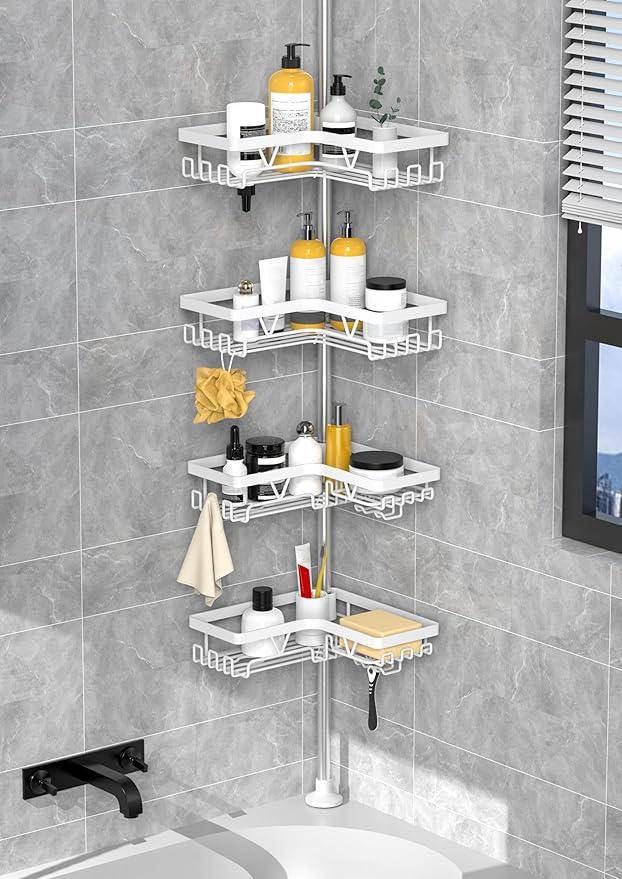 KEGII Corner Shower Caddy Tension Pole - Shower Tension Rod Organizer, Floor to Ceiling Shower Caddy 25-114.2 inch, Bathroom Rack Corner Waterproof, Pure White - ModernBath