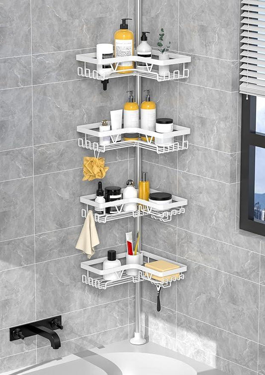 KEGII Corner Shower Caddy Tension Pole - Shower Tension Rod Organizer, Floor to Ceiling Shower Caddy 25-114.2 inch, Bathroom Rack Corner Waterproof, Pure White - ModernBath
