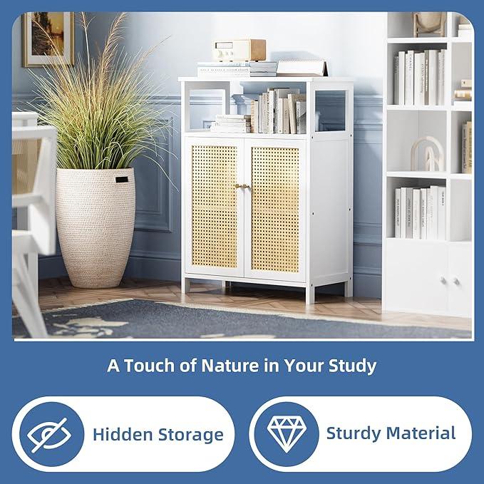 HITNET Bamboo Cabinet, Rattan Storage Cabinet with Doors, Freestanding Floor Cupboard for Bathroom, Living Room, Hallway, White - ModernBath