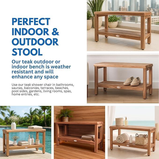 EcoDecors Teak Shower Bench with Large Storage Shelf 36", 300 lb Capacity – Waterproof Bathroom Seat with Non-Slip Feet, Elegant Natural Teak Finish, Ideal for Adults, Seniors, & Spa-Style Bathrooms - ModernBath