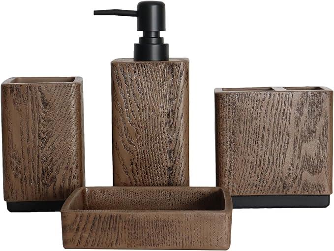 Hymmah Wood Grain Design Bathroom Accessories Set,Farmhouse Bathroom Decor,4 Pcs Resin Gift Set Apartment Necessities, Contain Cotton Swab Jar,Soap Dispenser,Tumbler，Soap Dish/Tray - ModernBath