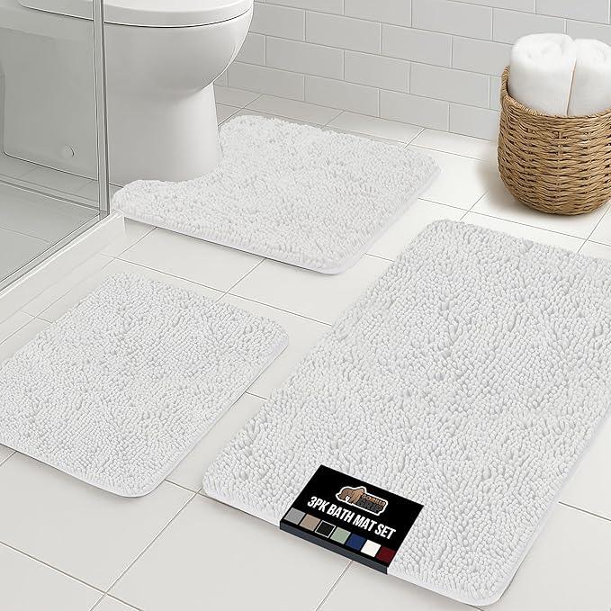 GORILLA GRIP Bathroom Rug Sets 3 Piece, Bath Mat Set and Oval Toilet Base with Rubber Backing, Plush Absorbent Shaggy Chenille Washable Mats, Includes 24x19.5, 24x17 and 30x20 Inch Rugs, White - ModernBath