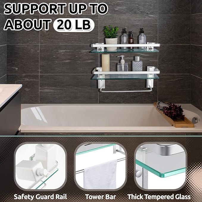 Suzile Set of 2 Glass Bathroom Shelves with Bar, Wall Mounted 15.7 x 4.7 Inches, Bathroom Shelves Hanging Modern Floating Shelf Metal Stick Room Rustproof Organizer Decorative(Silver) - ModernBath
