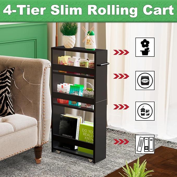 MARTY Slim Rolling Storage Cart 4-Tier Kitchen Cart with Wheels, Laundry Room Storage with Handle Slide Out Utility Cart Shelving Unit Organizer Trolley for Narrow Places Bathroom Small Corner, Black - ModernBath