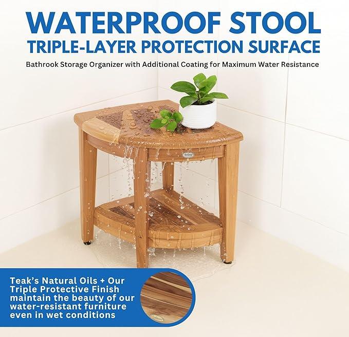 EcoDecors Teak Shower Corner Caddy 18" – Waterproof Wood Storage Organizer with Built-in Shelf and Adjustable Feet - Ideal for Small Bathrooms & Walk-in Showers - Indonesian Teak - ModernBath