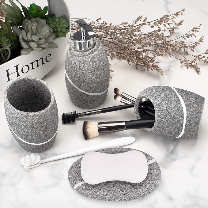 Bathroom Accessory Set,4 Pieces Bathroom Decor Accessories Complete Set Vanity Countertop Accessory Set,Includes Bathroom Soap Dispenser Set,Toothbrush Holder Set,Tumbler,Soap Dish,Grey Granite - ModernBath