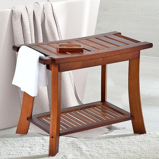 Teak Shower Chair Stool, 24" Shower Bench Seat, Wooden Bathroom Bench with Storage Shelf for Indoor & Outdoor Use,Walnut - ModernBath
