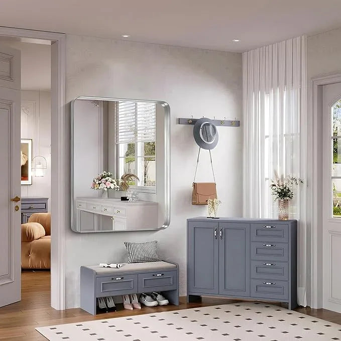 FORBATH 48x40 Inch Large Bathroom Mirror, Brushed Silver Deep Frame Wall Mirror with Rounded Corners, Anti-Rust Tempered Glass for Modern Farmhouse Vanity (Horizontal/Vertical) - ModernBath