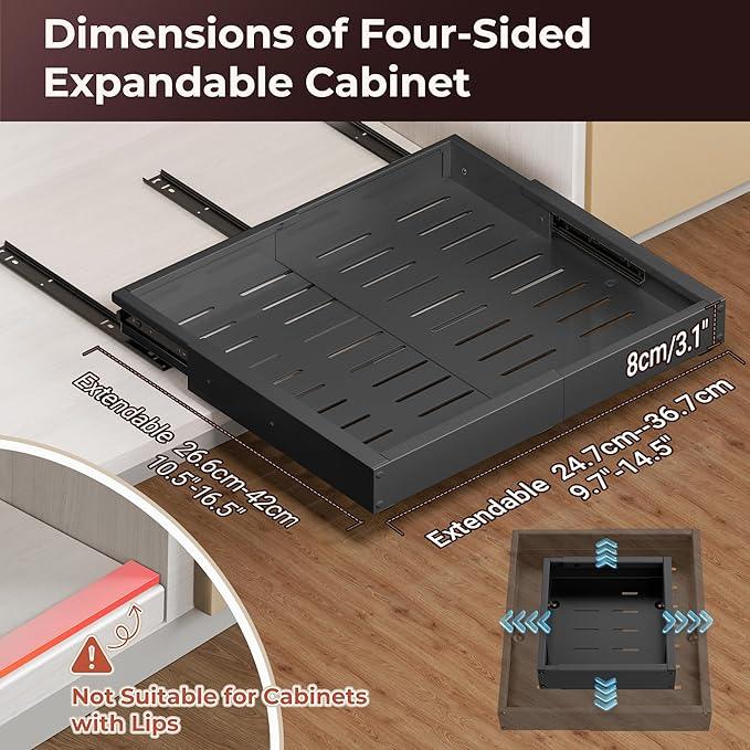 2 Pack Pull Out Cabinet Organizer, Drawers Slide Out Expandable Width (10"-15") and Depth (11"-17") With 3 Slides, Fixed with Adhesive Film and Nail for Cabinets in Kitchen, Pantry or Bathroom - Black - ModernBath