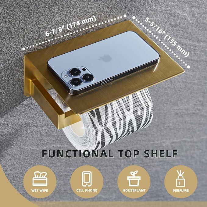 Angle Simple Toilet Paper Holder with Shelf, 304 Stainless Steel Bathroom Tissue Roll Holder for Wall, Brassy Gold - ModernBath