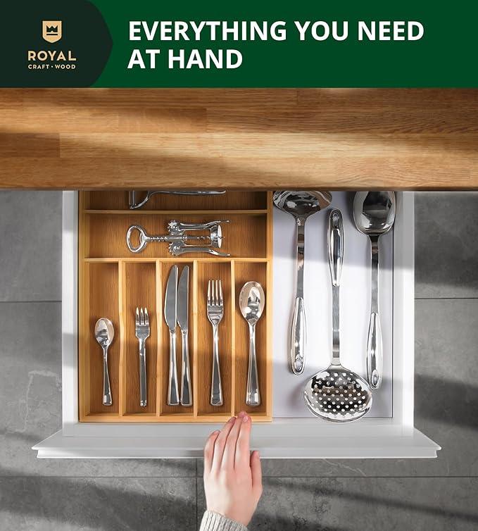 ROYAL CRAFT WOOD Luxury Bamboo Utensil Rack and Silverware Organizer, Kitchen Drawer Organizer - Utensil Holder and Cutlery Tray with Grooved Drawer Dividers for Flatware 7 Slot, Natural - ModernBath