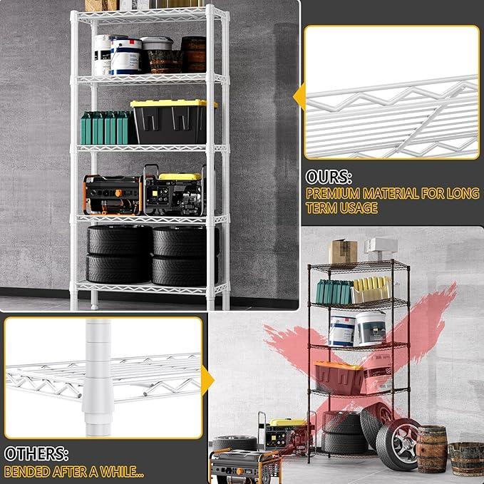 1250 lbs 5 Tier Shelf Metal Storage Shelves Wire Rack Closet Organizers for Garage Kitchen Bathroom Laundry White 11.8" D x 29.5" W x 59.5" H - ModernBath