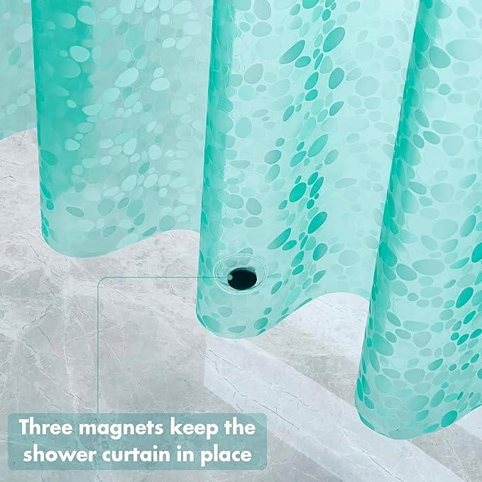 WELTRXE 8G EVA Clear Teal Shower Curtain with 3D Pebbles Design, 72x72 Inches Plastic Waterproof Shower Curtain Liner with Magnets/12 Hooks/Rustproof Grommets for Bathroom, Heavy Shower Liner - ModernBath