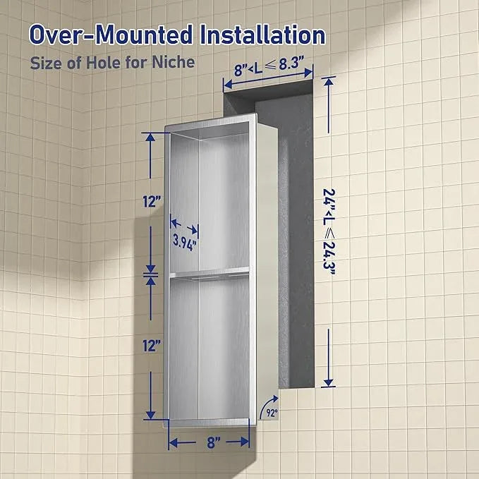 Stainless Steel Shower Niche 24"×8" Brushed with 2-Tier Shelf No Tiled Needed Niche Shower for Bathroom Wall Recessed Shower Box for Bathroom Storage - ModernBath