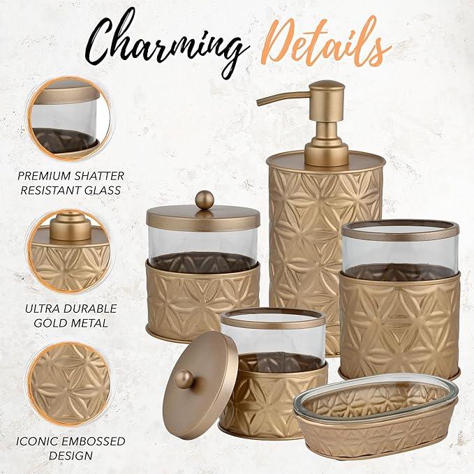 Autumn Alley Brushed Gold Bathroom Accessories Set, 5 Piece Champagne Gold Modern Bathroom Decor - Soap Dispenser, Toothbrush Holder, 2 Apothecary Jars, Soap Holder, Farmhouse Bathroom Décor - ModernBath