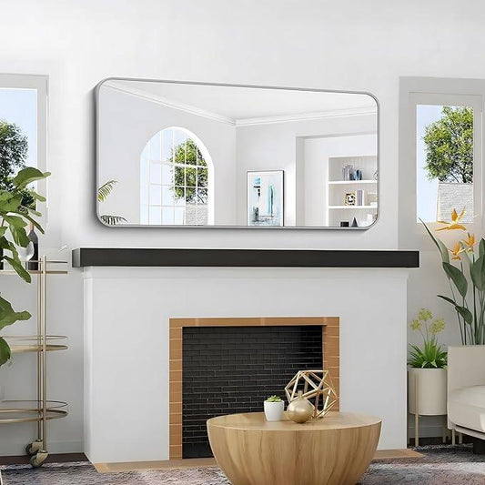 CIVENO 48x24 Inch Silver Bathroom Mirror, Metal Framed Silver Rectangle Mirror, Rounded Rectangular Vanity Mirror, Wall Mounted Mirrors for Living Room Bedroom Entryway Hangs Horizontal or Vertical - ModernBath