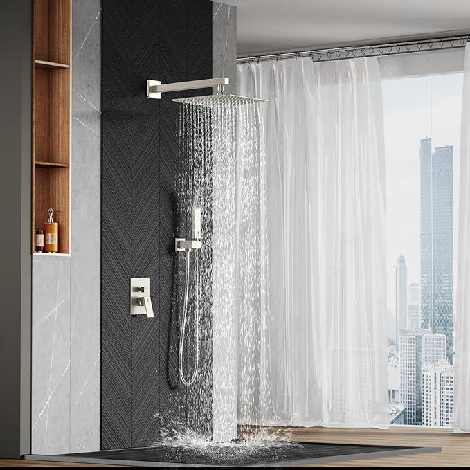 SR SUN RISE Shower Faucet Set Bathroom Square Rain Shower Head with Handheld Spray Wall Mounted Rainfall Shower Fixtures Brushed Nickel Shower Faucet Trim Repair Kits (Contain Shower Valve)10 Inches - ModernBath