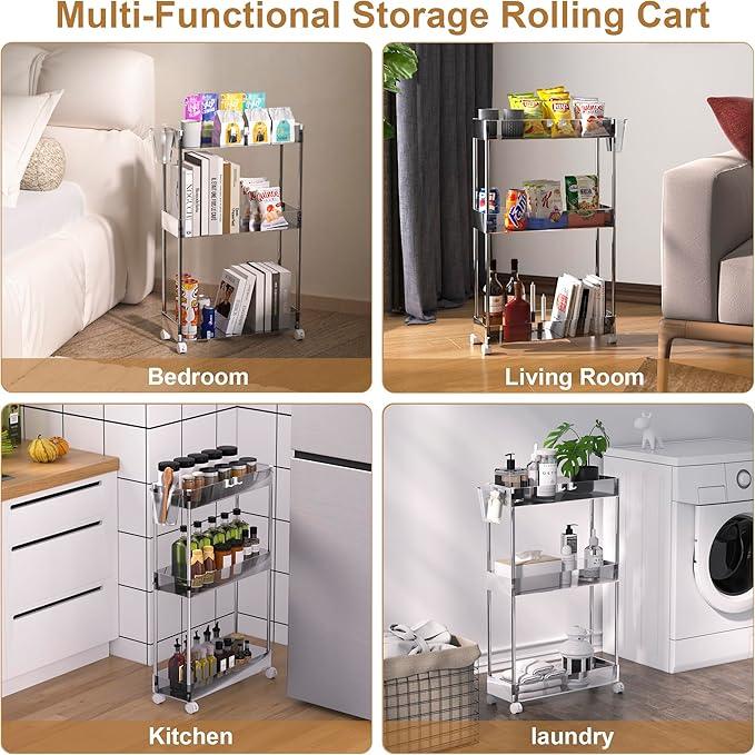 VECELO 3-Tier Acrylic Rolling Cart, Utility Cart for Kitchen Storage, Mobile Shelves Slide-Out Organizers with 2 Lockable Wheels&Hooks for Bathroom Laundry Room Living Room Office, Clear - ModernBath