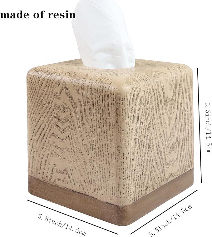 Hymmah Wooden Texture Square Tissue Box Cover Cube Tissue Holder Unique Design Klenex Box Dispenser for Bathroom Vanity Counter Tops Also Great for Bedrooms and Living Rooms - ModernBath