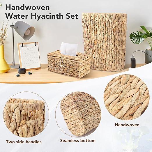 Wicker Trash Can & Tissue Box Cover Rectangular, Handwoven Waterproof Waste Basket with Handles, Rattan Wicker Home Set for Bedroom, Bathroom, Kitchen, Office, Balcony (Rectangular Tissue Box) - ModernBath