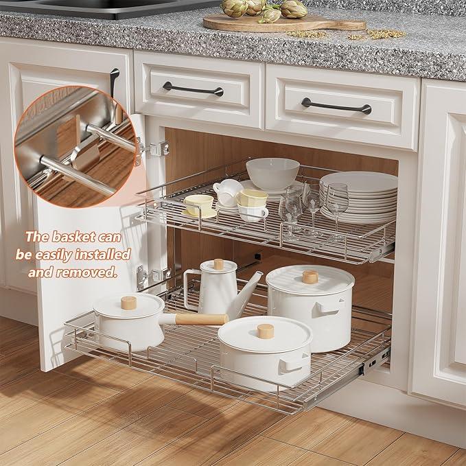 ROOMTEC Individual Pull Out Cabinet Organizer (25½"W x 21½"D), 2 Tier Spice Rack Organizer for Cabinet, Slide Out Drawer Pantry Shelf Organization and Storage for Kitchen Bathroom - ModernBath