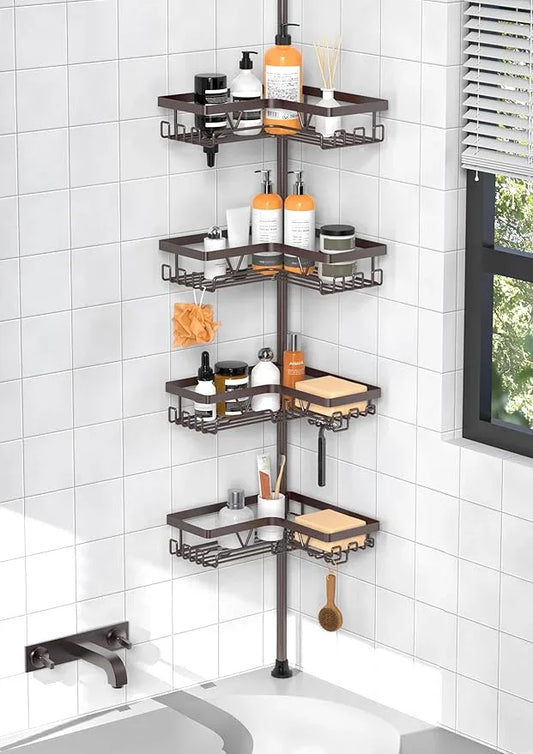 KEGII 4-Tier Corner Shower Caddy Tension Pole - Waterproof Shower Rod Organizer, Floor to Ceiling Tension Rod 25-114.2 inch, Stainless Steel Corner Shower Shelf, Bronze - ModernBath