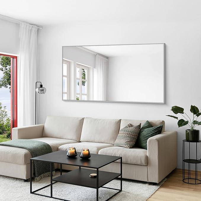 KOCUUY Silver Bathroom Mirror, 60"x30" Large Rectangle Bathroom Mirror for Wall, HD Tempered Glass, Anti-Rust Brushed Silver Frame, Modern Design for Bathroom, Bedroom, Hang Horizontal/Vertical - ModernBath