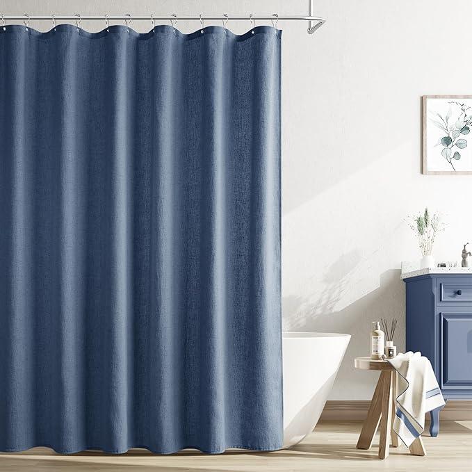 Naturoom Vintage Blue Linen Shower Curtain, Country Boho Farmhouse Bath Decor Shower Curtains Neutral Cloth Weighted Textured Fabric Bath Curtain Liner with Hooks, 72x72 - ModernBath