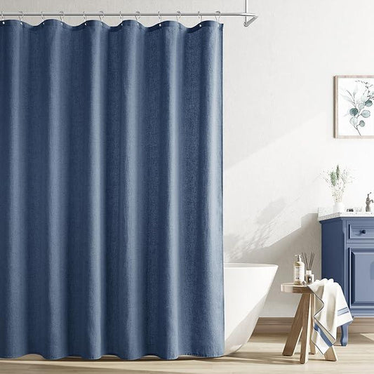 Naturoom Vintage Blue Linen Shower Curtain, Country Boho Farmhouse Bath Decor Shower Curtains Neutral Cloth Weighted Textured Fabric Bath Curtain Liner with Hooks, 72x84 - ModernBath