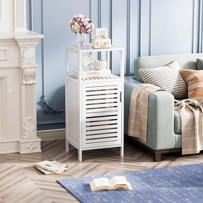 HITNET Bamboo Bathroom Storage Cabinet, 4 Tier Small White Floor Cabinet with Single Door, Free Standing Slim Narrow Storage Organizer for Bedroom Living Room - ModernBath