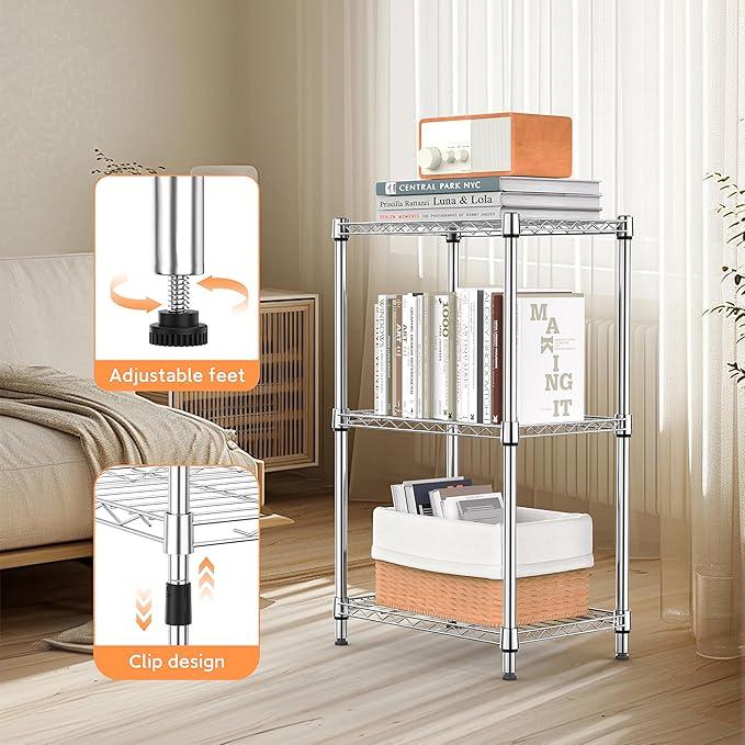 3 Tiers Shelf Metal Storage Shelves Wire Rack Closet Organizers with Wheel for Garage Kitchen Bathroom Laundry Chrome 11.8" D x 17.7" W x 28.8" H - ModernBath