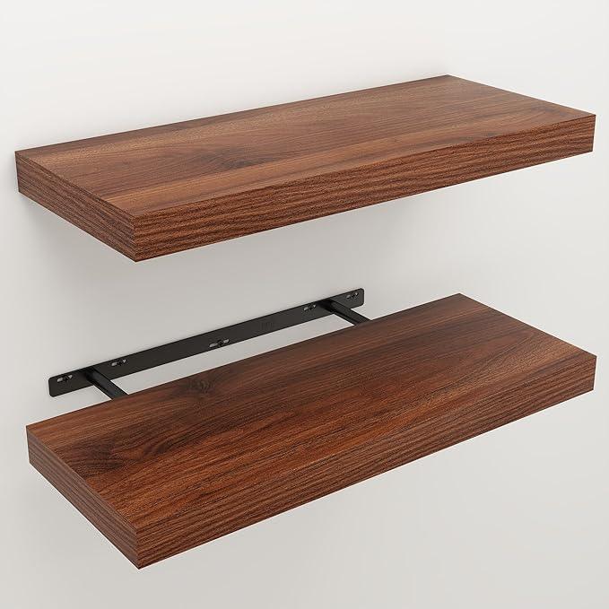 Floating Shelves for Wall, Wall Mounted Rustic Wood Shelves for Bathroom, Bedroom, Living Room, Kitchen, Hanging Shelf for Books/Storage/Room Decor (Walnut, 24") - ModernBath
