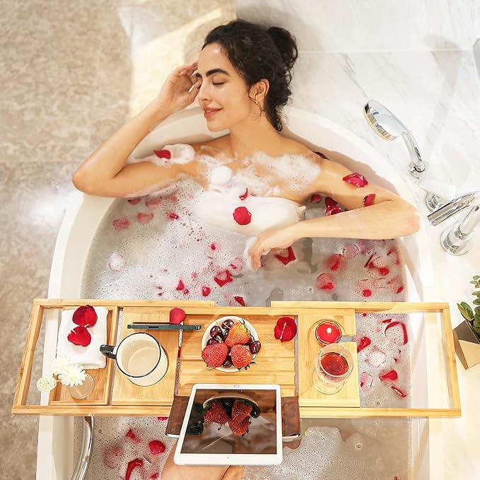 VaeFae Bamboo Bathtub Caddy Tray, Expandable Bath Tray for Tub with Upgraded Wine Slots and Book Holder - Ideal for One or Two Person Use - ModernBath