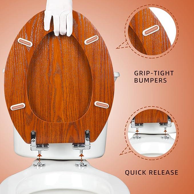 Elongated Toilet Seat Molded Wood Toilet Seat with Quietly Close and Quick Release Hinges, Easy to Install also Easy to Clean by Angol Shiold (Elongated, Brownish Yellow) - ModernBath