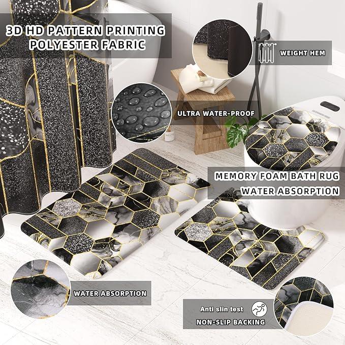 XLHOMO Bathroom Set - 26PC Bathroom Set with Shower Curtain and Rugs, Bathroom Accessory Set, Black Bathroom Accessories Set, Trash Can & Soap Dispenser - ModernBath