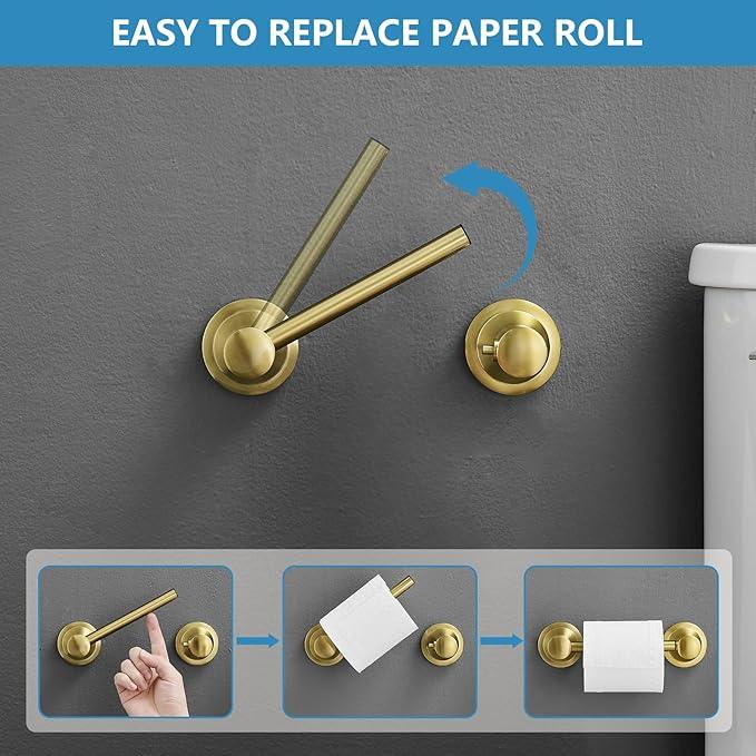 RUMOSE Toilet Paper Holder and Hand Towel Ring Brushed Gold Wall Mount Bathroom Hardware Accessories 2 PCS Set Flexible Pivoting Toilet Tissue Roll Holder and Towel Hanger, Stainless Steel - ModernBath