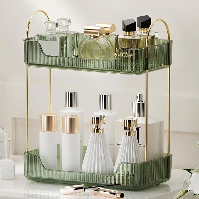 YCIA&DONE Bathroom Organizer Countertop, Makeup Storage, Skincare Cosmetic Tray Shelf, Perfume Holder Rack for Vanity Counter, Large Capacity, Easy to Install, Clean, 2 Tiers, Vintage Green - ModernBath