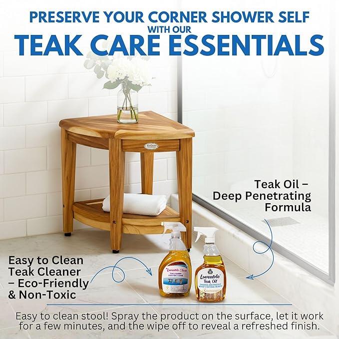EcoDecors Teak Shower Corner Caddy 18" – Waterproof Wood Storage Organizer with Built-in Shelf and Adjustable Feet - Ideal for Small Bathrooms & Walk-in Showers - Indonesian Teak - ModernBath