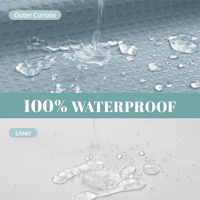 eachope Teal Hook Waffle Weave Shower Curtain with snap-in Liner Replacement, 230GSM Waterproof Fabric Hotel Shower Curtain Set for Bathroom, Through Mesh Top Window,71Wx74H - ModernBath