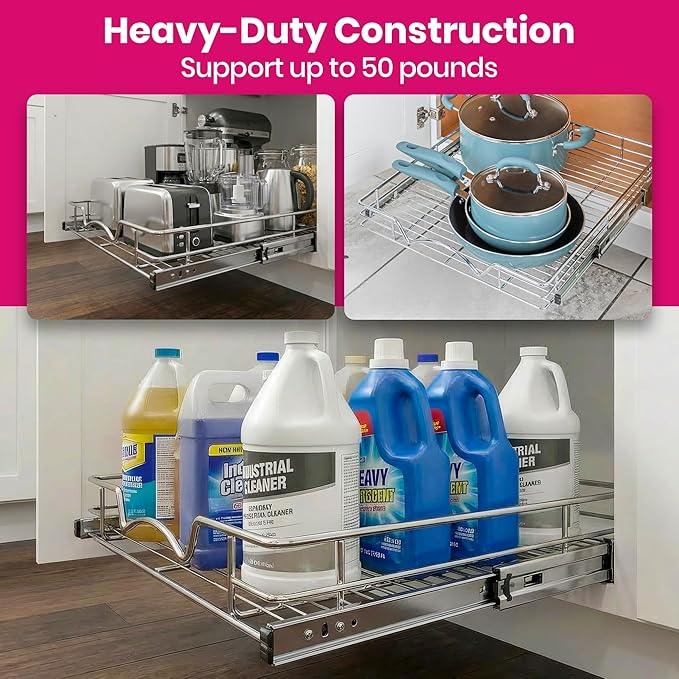 HOLDN’ STORAGE Pull Out Cabinet Organizer, Heavy Duty Caddy w/Lifetime Limited Warranty -24”W x 21”D - Requires At Least 25-1/4” Cabinet Opening, Steel Metal Cabinet Drawers Slide Out, Chrome - ModernBath
