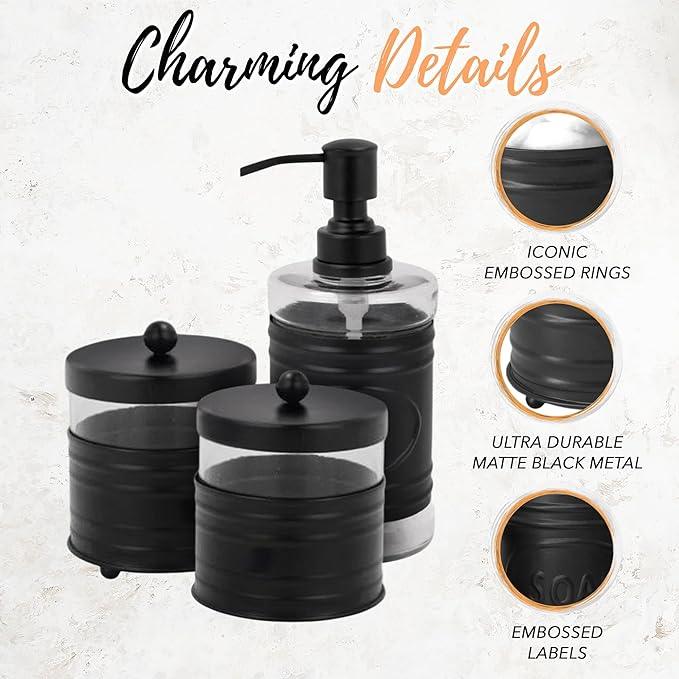 Autumn Alley Adorable 3 Piece Modern Farmhouse Bathroom Accessory Set for Sink/Vanity - Matte Black Soap Dispenser, Cotton Ball Container with Lid, Qtip Organizer – Rustic Farmhouse Bathroom Decor - ModernBath