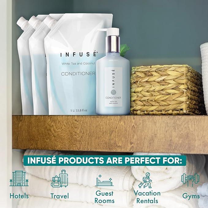 INFUSÉ 1 Liter Conditioner Refill Bag For Soap Dispensers | Bulk Toiletries for Vacation Rentals, and Home Bathroom Showers | White Tea and Coconut | Set of 12 - ModernBath