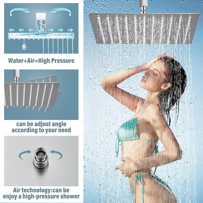 Shower Faucet Set Brushed Nickel Rain Shower System with High Pressure 12 Inches Rain Shower Head and Handheld Spray Bathroom Luxury Rain Mixer Shower Complete Combo Set Ceiling Mounted - ModernBath