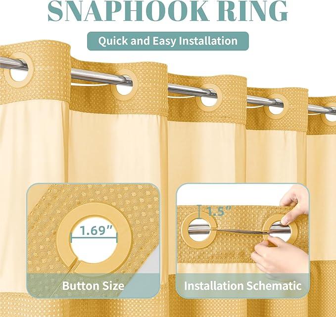 eachope Gold No Hook Waffle Weave Shower Curtain with snap-in Liner Replacement, 230GSM Waterproof Fabric Hotel Shower Curtain Set for Bathroom, Through Mesh Top Window,71Wx77H - ModernBath