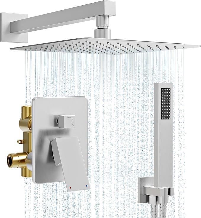 Kurpot Shower System, 10'' High Pressure Brushed Nickel Shower Head with Handheld Spray Combo, Included 59'' Shower Hose, Shower Trim Kit and 2-IN-1 Diverter, Bathroom Shower Faucet Set with Valve - ModernBath