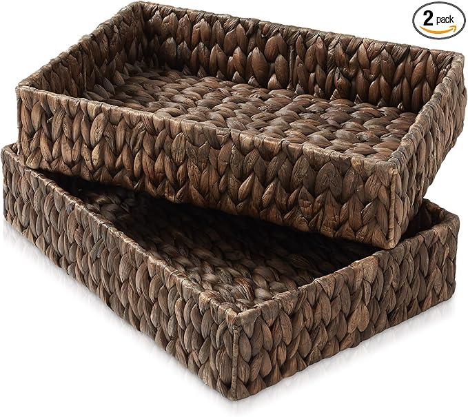 Casafield Set of 2 Bathroom Storage Baskets, Espresso - Water Hyacinth, 15.75" W x 11.25" D x 3.25" H, Woven Toilet Tank Topper Bins for Organizing Tissues, Toilet Paper, Toiletries, Shelves - ModernBath