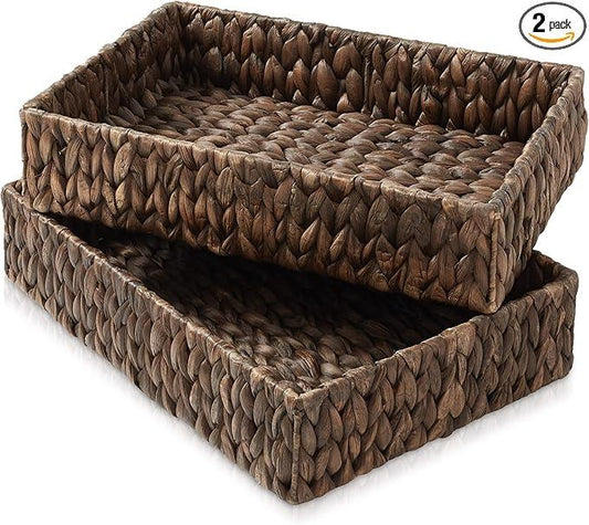 Casafield Set of 2 Bathroom Storage Baskets, Espresso - Water Hyacinth, 15.75" W x 11.25" D x 3.25" H, Woven Toilet Tank Topper Bins for Organizing Tissues, Toilet Paper, Toiletries, Shelves - ModernBath